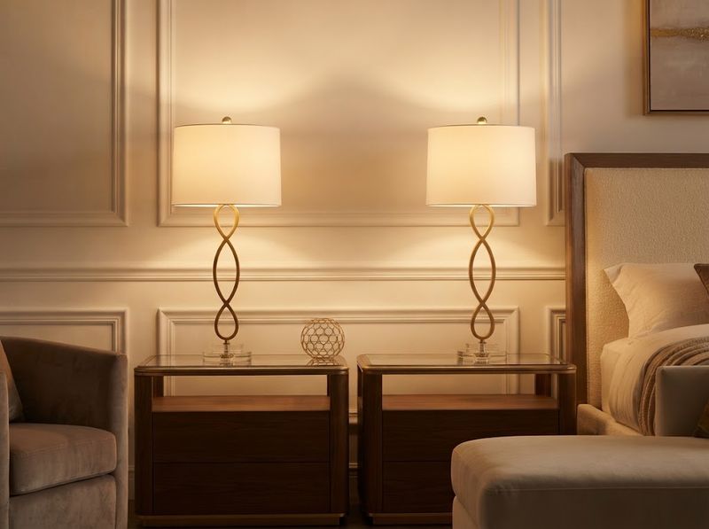 Tall brass lamp with a crystal base dimmed to its lowest step