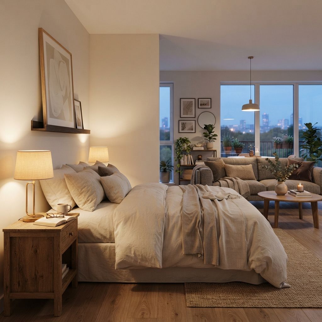 Brass gold Maxax table lamps lit on a bedroom nightstand at dusk
